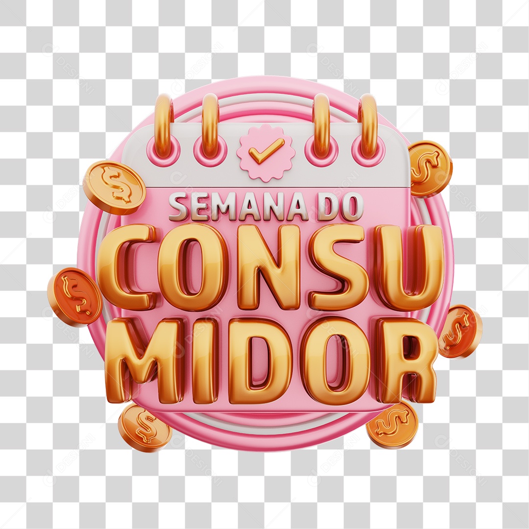 Semana Do Consumidor Selo 3D Rosa e Dourado Para Composição PNG Transparente