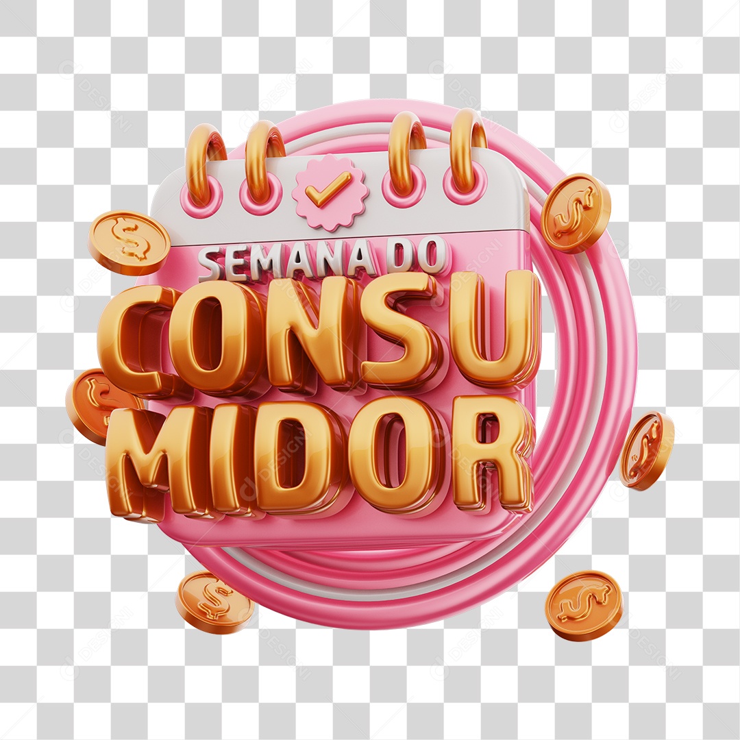 Semana Do Consumidor Selo 3D Rosa e Dourado Para Composição PNG Transparente