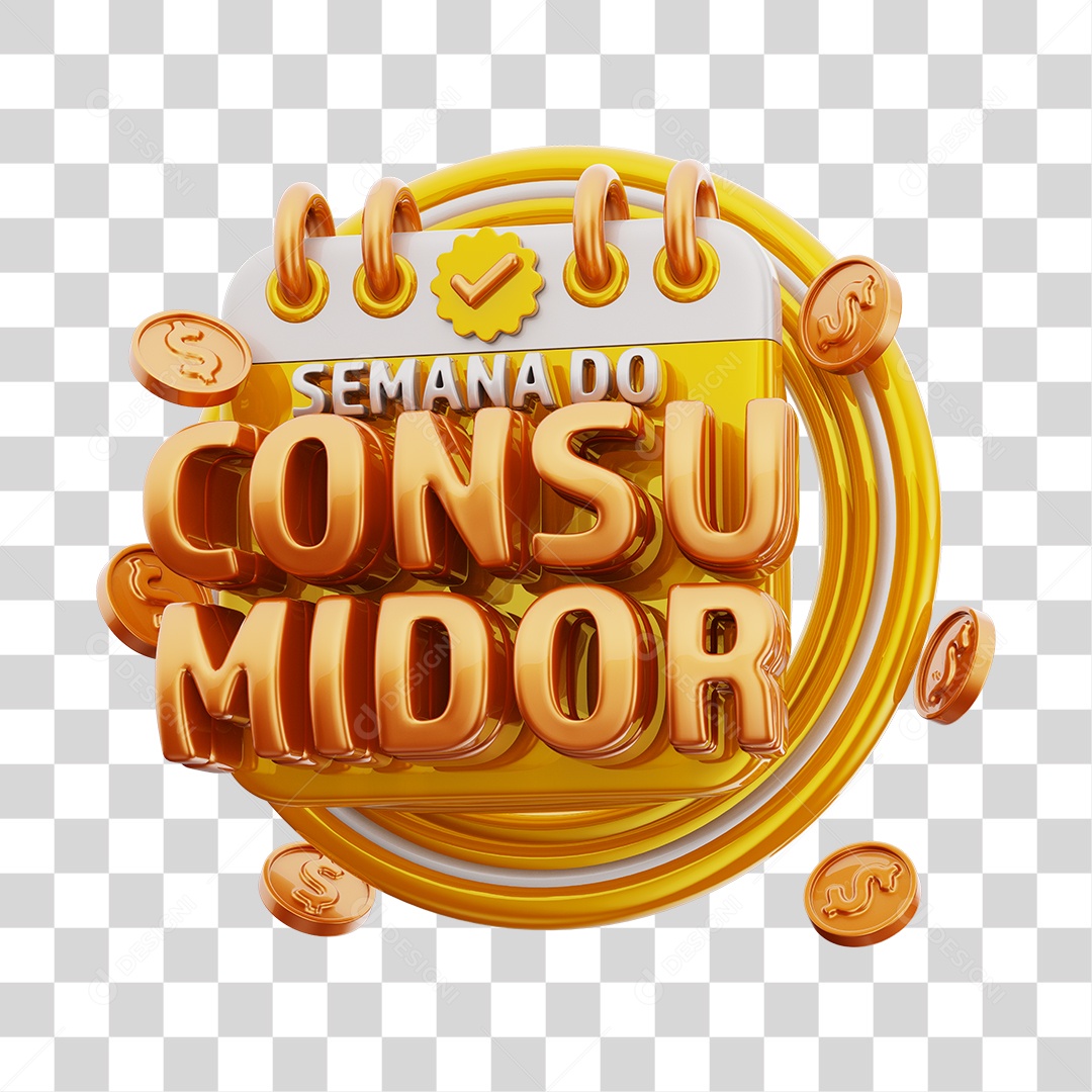 Semana Do Consumidor Selo 3D Amarelo e Dourado Para Composição PNG Transparente