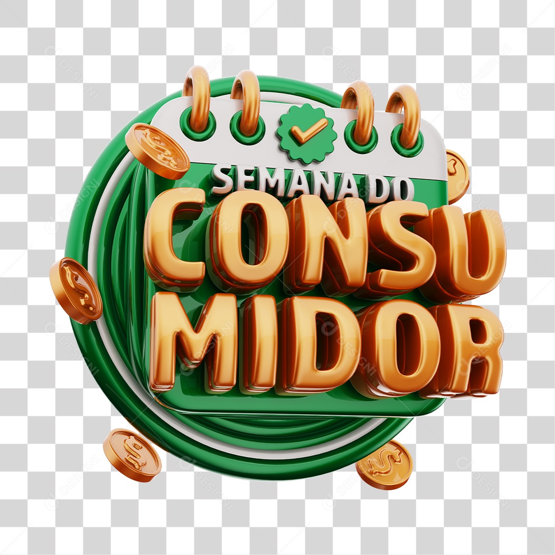 Semana Do Consumidor Selo 3D Verde e Dourado Para Composição PNG Transparente