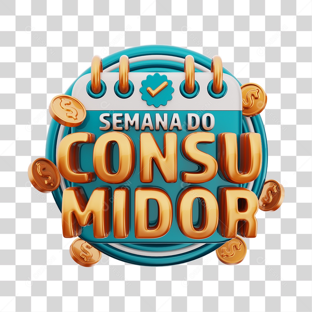 Semana Do Consumidor Selo 3D Azul e Dourado Para Composição PNG Transparente