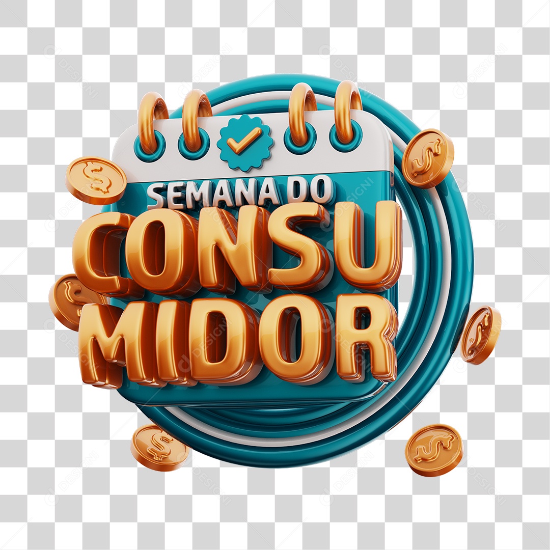 Semana Do Consumidor Selo 3D Azul e Dourado Para Composição PNG Transparente