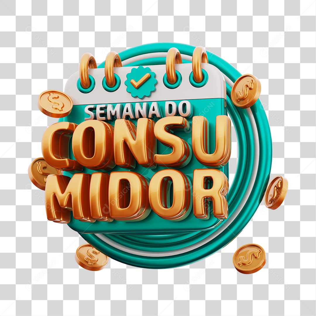 Semana Do Consumidor Selo 3D Azul e Dourado Para Composição PNG Transparente