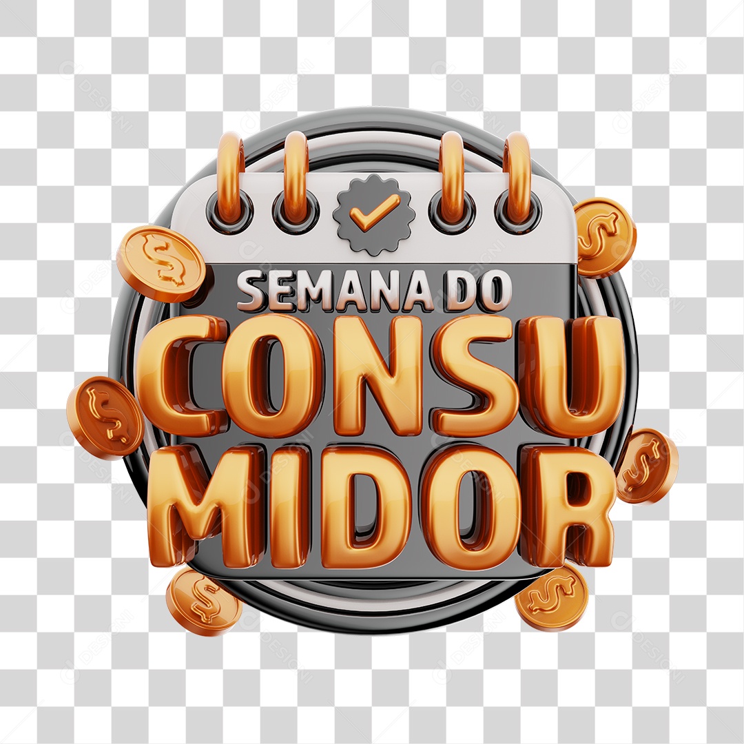 Semana Do Consumidor Selo 3D Cinza e Dourado Para Composição PNG Transparente