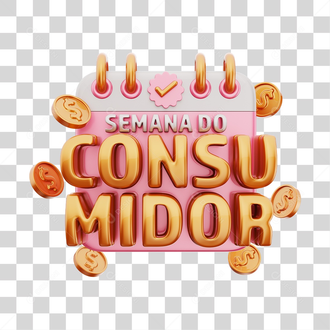 Semana Do Consumidor Selo 3D Rosa e Dourado Para Composição PNG Transparente