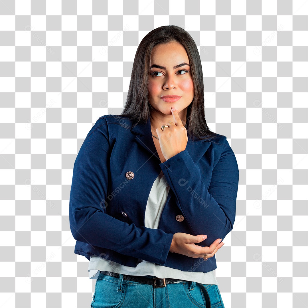 Linda Mulher Com a Mão no Queixo e Pensativa PNG