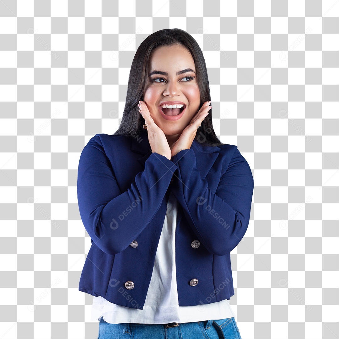 Linda mulher alegre com as mão no queixo PNG