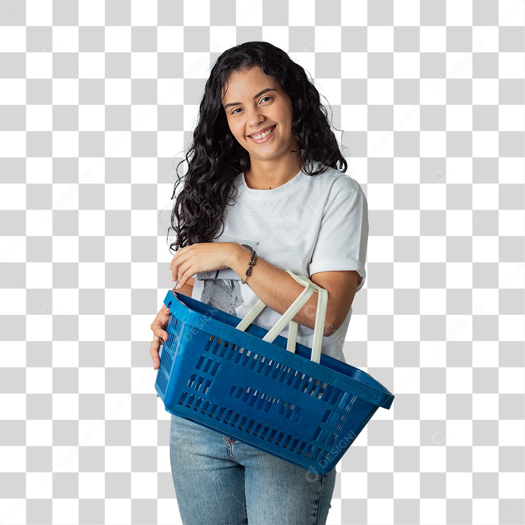 Linda jovem segurando cesta de compras