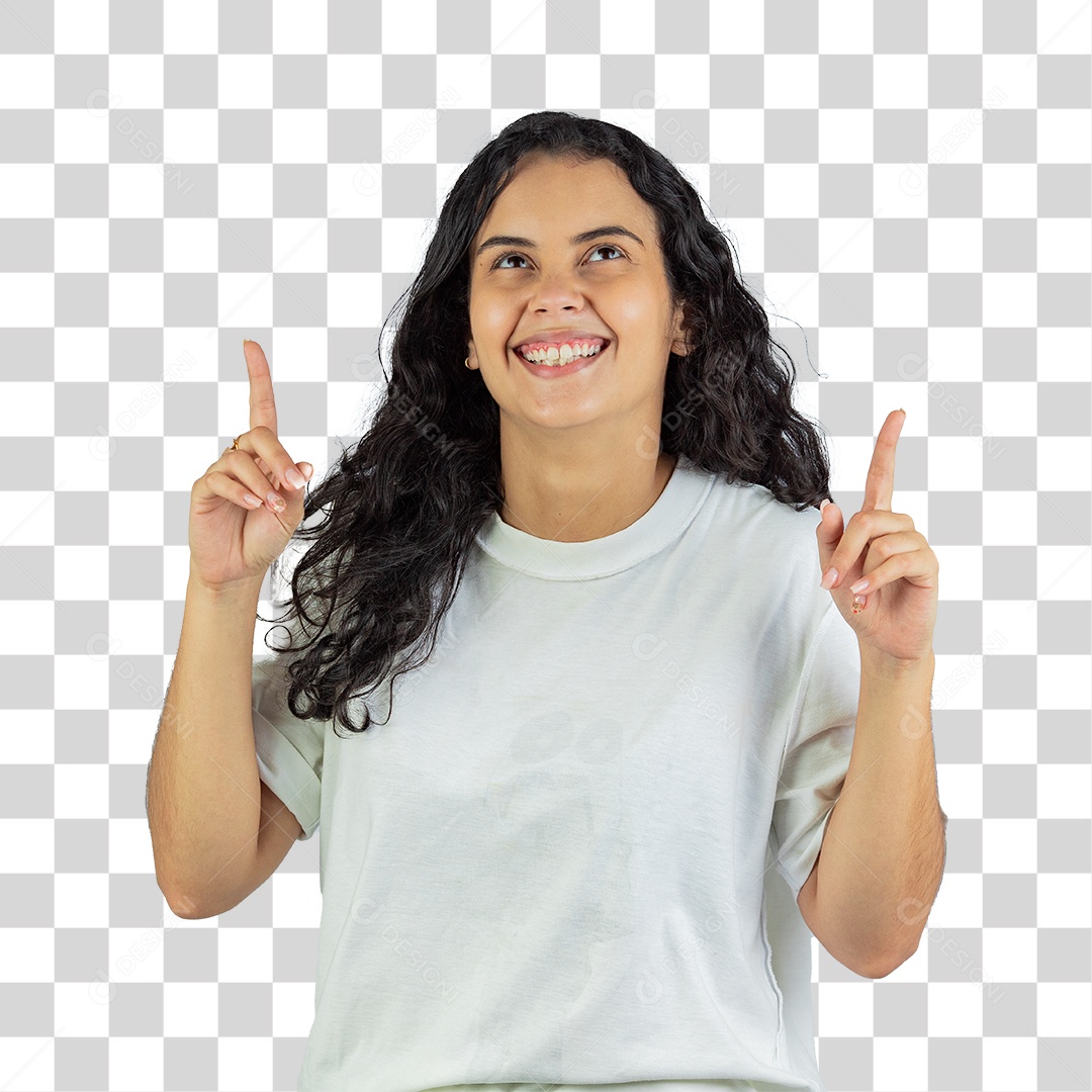 Linda jovem apontando para cima
