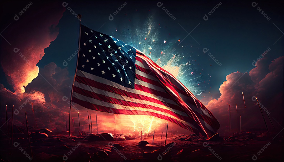 Bandeira americana acenando no ar com fogos de artifício e vista de cena noturna. conceito de quatro de julho Dia da Independência hora da revolução! 4 de julho.