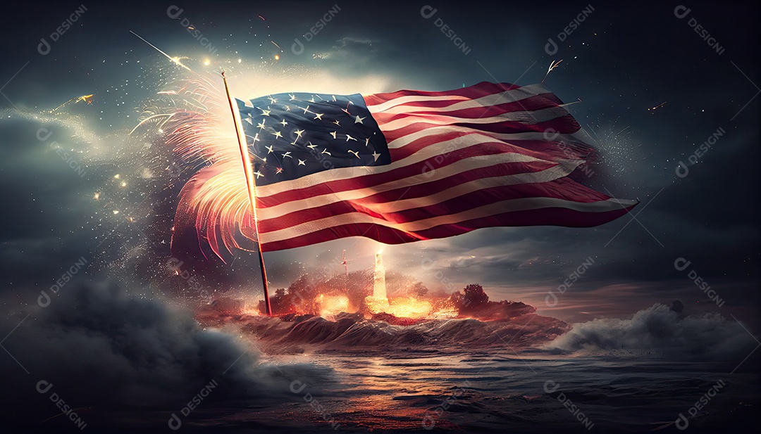 Bandeira americana acenando no ar com fogos de artifício e vista de cena noturna. conceito de quatro de julho Dia da Independência hora da revolução! 4 de julho.