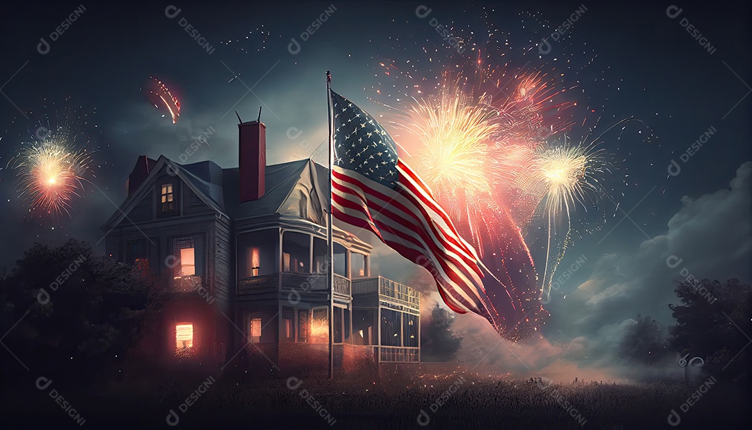 Bandeira americana acenando no ar com fogos de artifício e vista de cena noturna. conceito de quatro de julho Dia da Independência hora da revolução! 4 de julho.