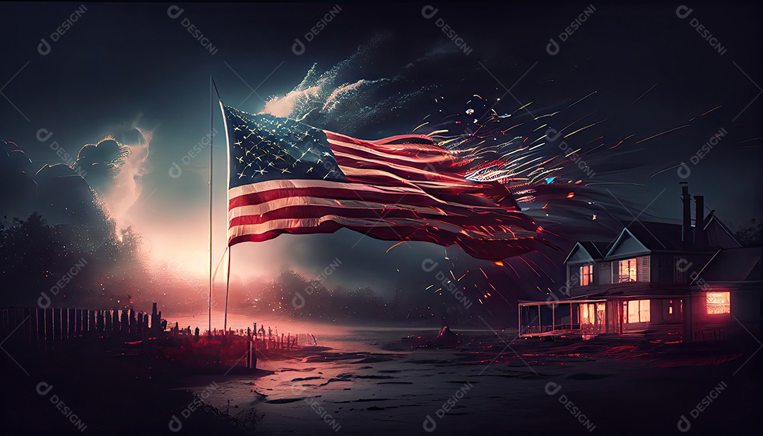 Bandeira americana acenando no ar com fogos de artifício e vista de cena noturna. conceito de quatro de julho Dia da Independência hora da revolução! 4 de julho.