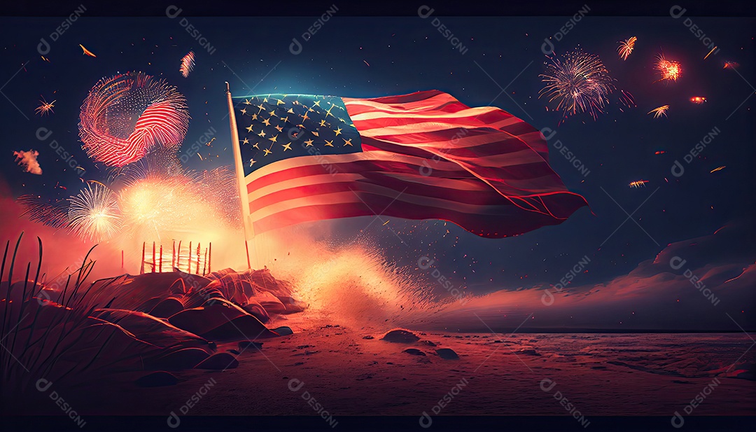 Bandeira americana acenando no ar com fogos de artifício e vista de cena noturna. conceito de quatro de julho Dia da Independência hora da revolução! 4 de julho.