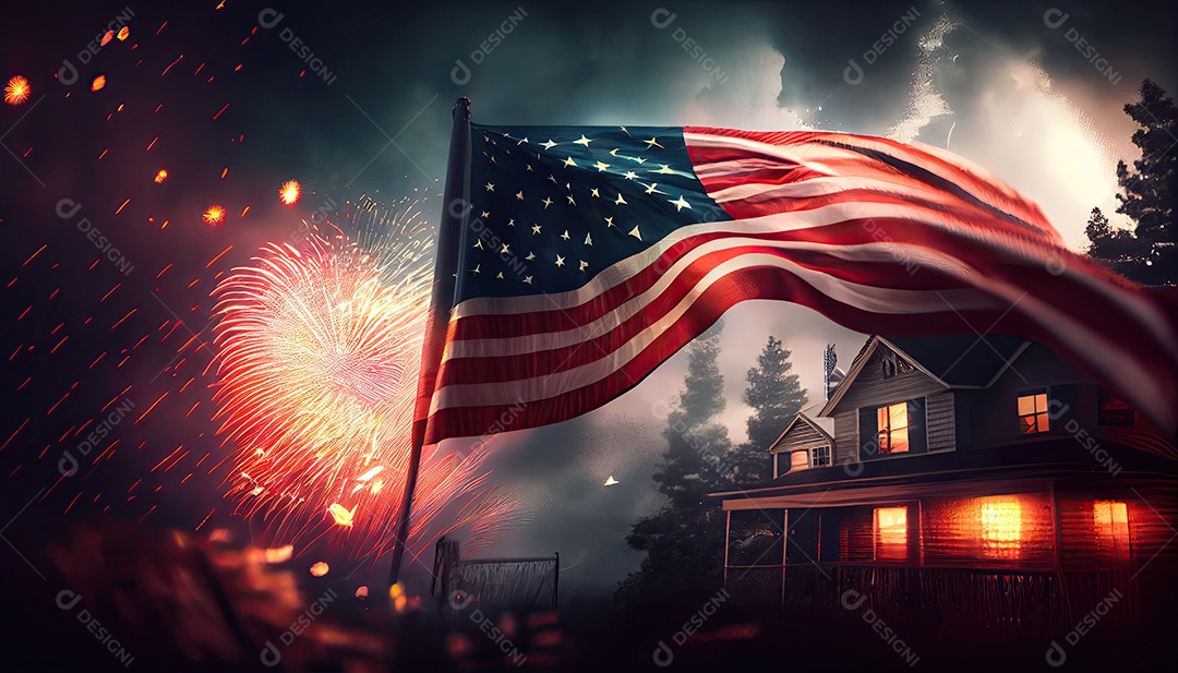 Bandeira americana acenando no ar com fogos de artifício e vista de cena noturna. conceito de quatro de julho Dia da Independência hora da revolução! 4 de julho.