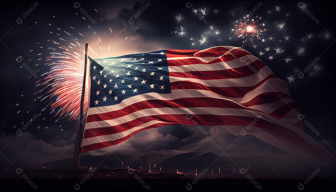 Bandeira americana acenando no ar com fogos de artifício e vista de cena noturna. conceito de quatro de julho Dia da Independência hora da revolução! 4 de julho.