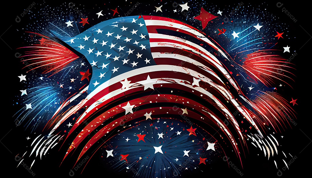 Tempo do Dia da Independência para a revolução! 4 de julho bandeira americana com fogos de artifício.