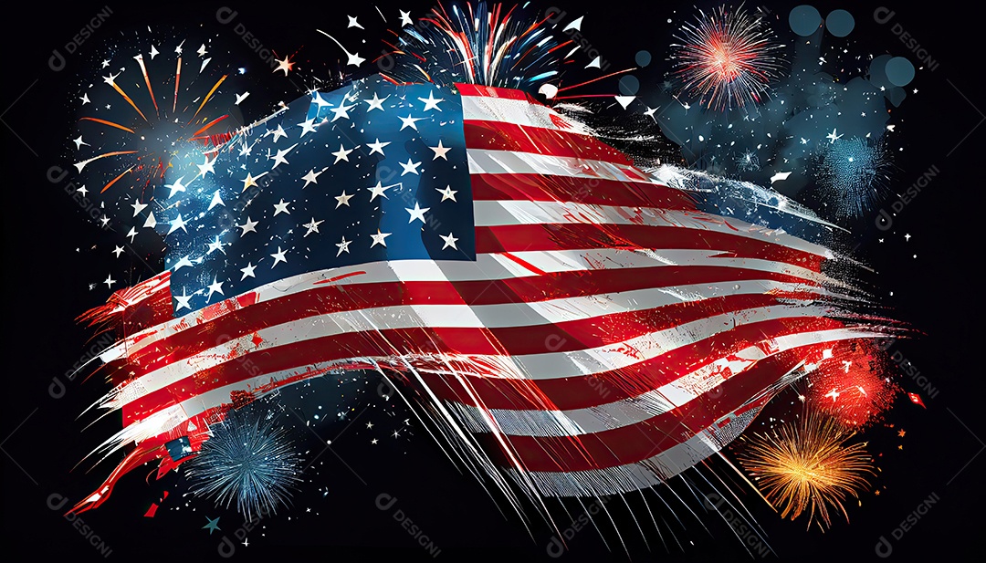 Tempo do Dia da Independência para a revolução! 4 de julho bandeira americana com fogos de artifício.
