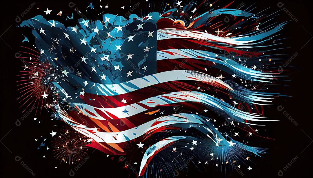Tempo do Dia da Independência para a revolução! 4 de julho bandeira americana com fogos de artifício.