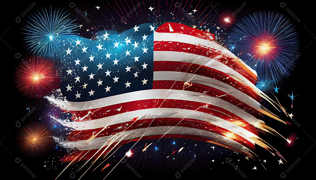 Tempo do Dia da Independência para a revolução! 4 de julho bandeira americana com fogos de artifício.