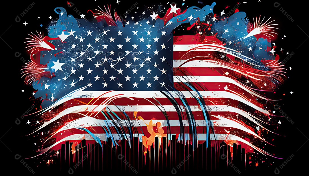 Tempo do Dia da Independência para a revolução! 4 de julho bandeira americana com fogos de artifício.