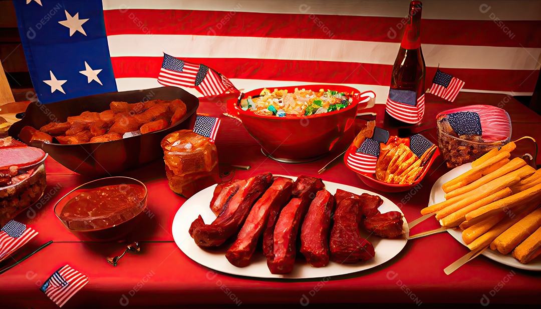 Mesa de festa com costelinhas para churrasco Tater Dia da Independência é hora da revolução! 4 de julho.