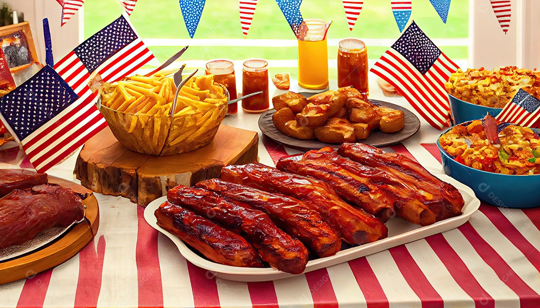 Mesa de festa com costelinhas para churrasco Tater Dia da Independência é hora da revolução! 4 de julho.