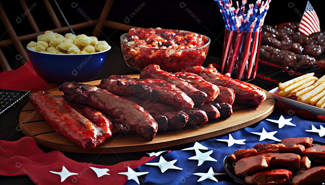 Mesa de festa com costelinhas para churrasco Tater Dia da Independência é hora da revolução! 4 de julho.