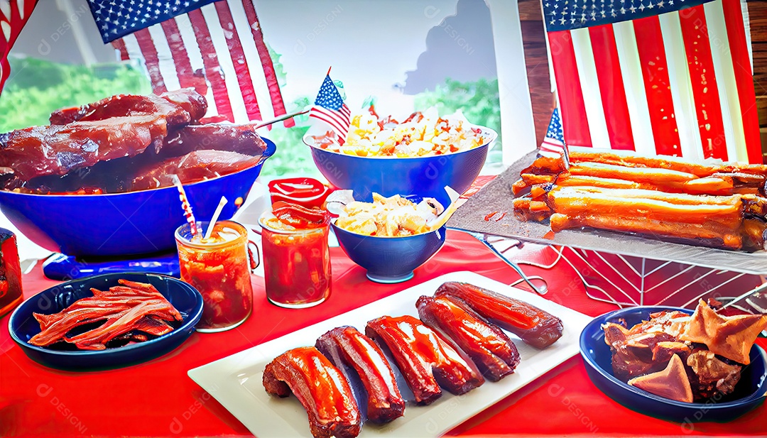 Mesa de festa com costelinhas para churrasco Tater Dia da Independência é hora da revolução! 4 de julho.