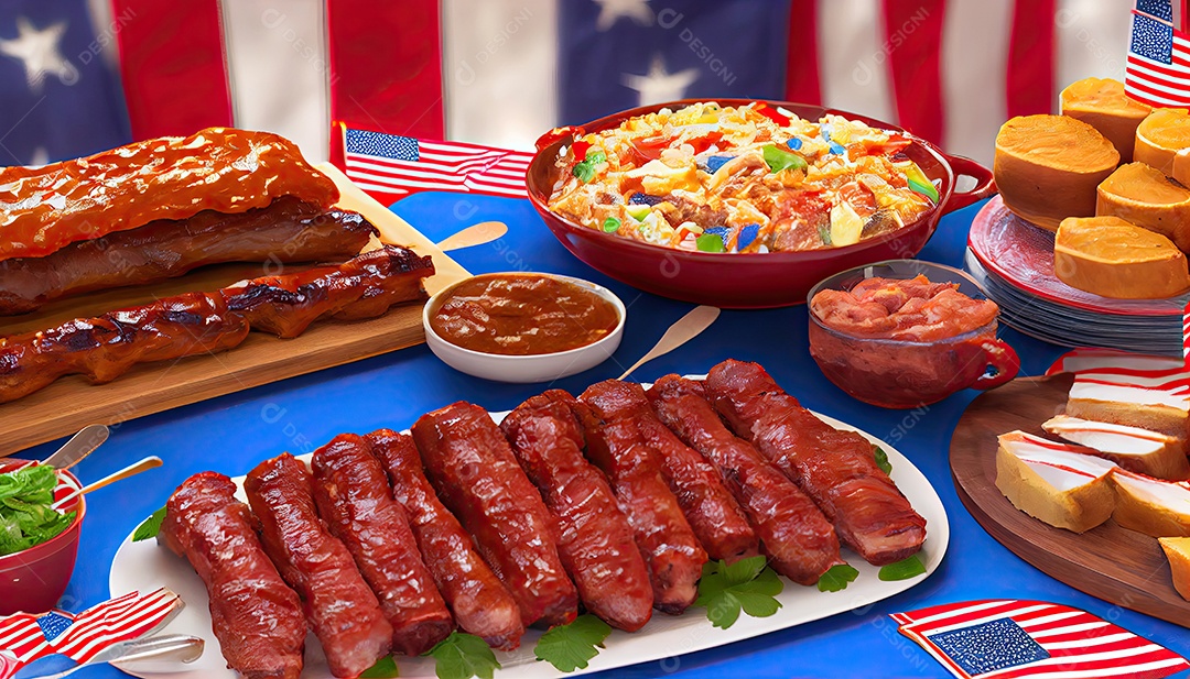 Mesa de festa com costelinhas para churrasco Tater Dia da Independência é hora da revolução! 4 de julho.