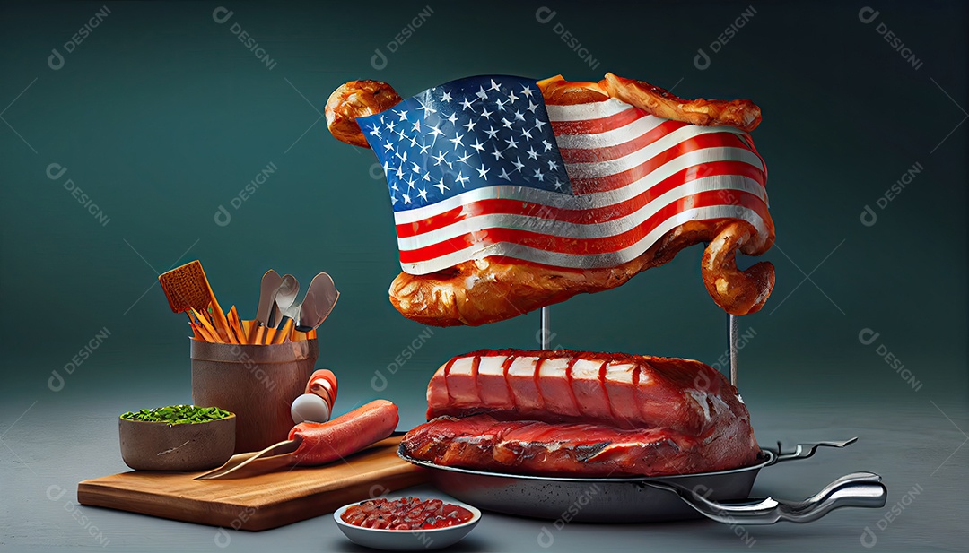 Mesa de festa com costelinhas para churrasco Tater Dia da Independência é hora da revolução! 4 de julho.