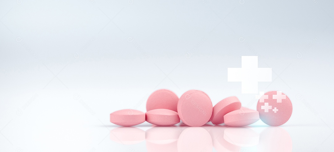 Comprimidos comprimidos redondos rosa sobre fundo branco. Farmácia