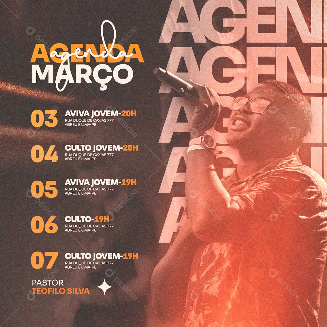 Agenda Março Pastor Teofilo Silva Culto Jovem Gospel Social Media PSD Editável