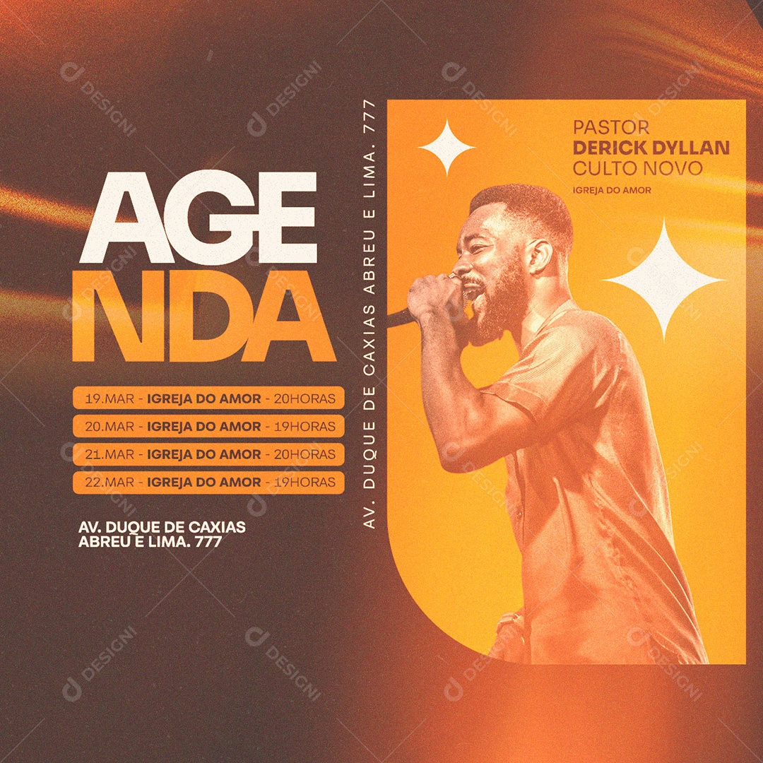 Agenda Pastor Derick Dyllan Culto Novo Igreja Gospel Social Media PSD Editável