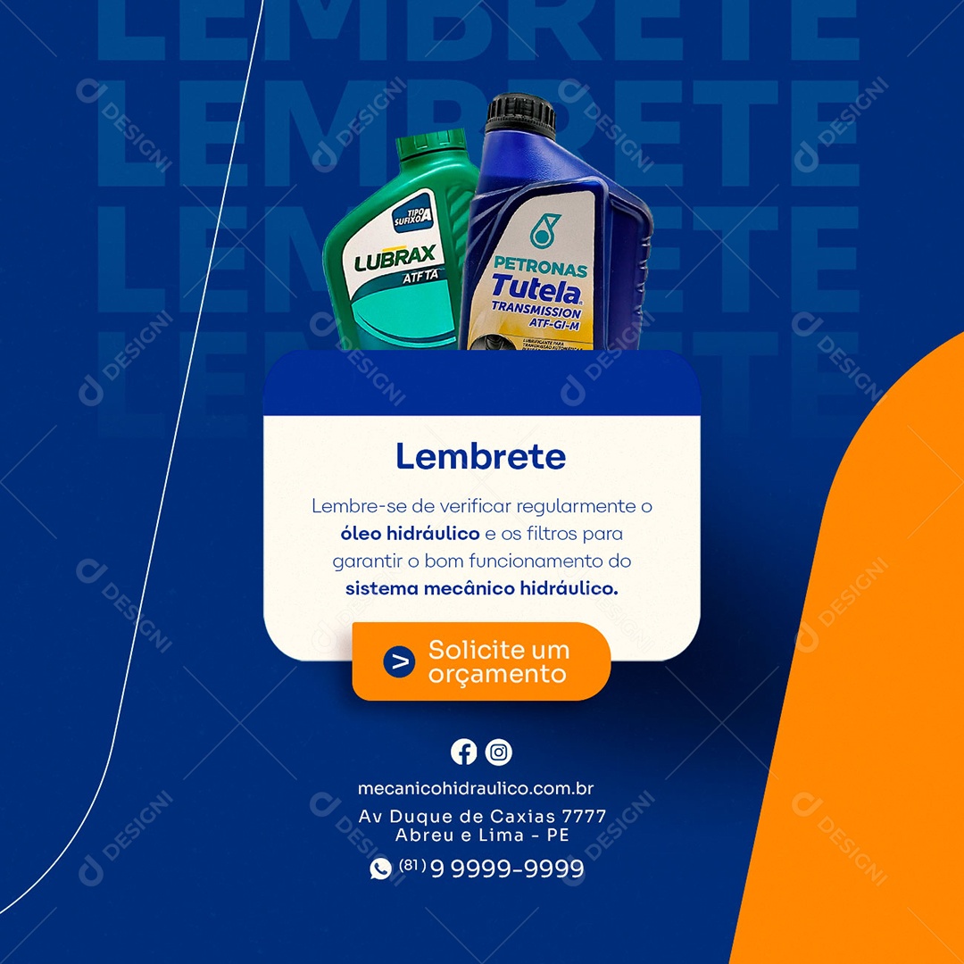 Lembrete Verificar Regulamente o Óleo Hidráulico Mecânico Hidráulico Social Media PSD Editável