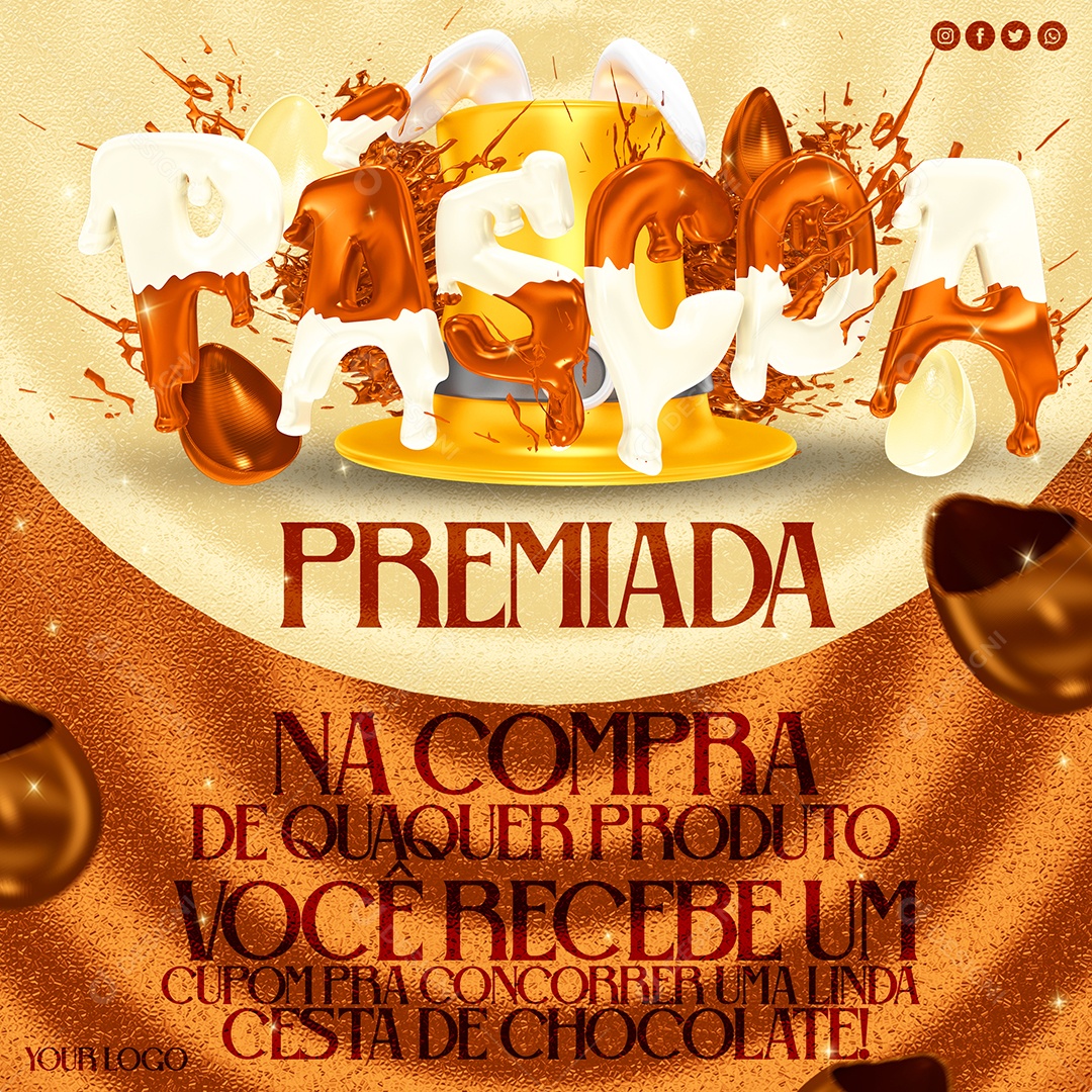 Páscoa Premiada na Compra de Qualquer Produto Você Recebe um Cupom Para Concorrer Uma Linda Cesta de Chocolate Social Media PSD Editável