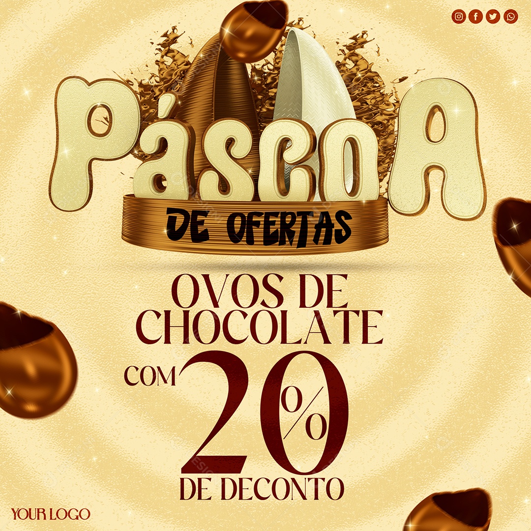 Páscoa de Ofertas Ovos de Chocolate Com 20% de Desconto Social Media PSD Editável