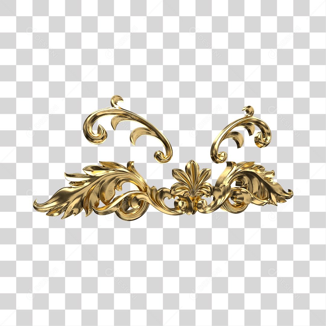 Cacho Floral Barroco Elemento 3D Dourado Para Composição PNG Transparente