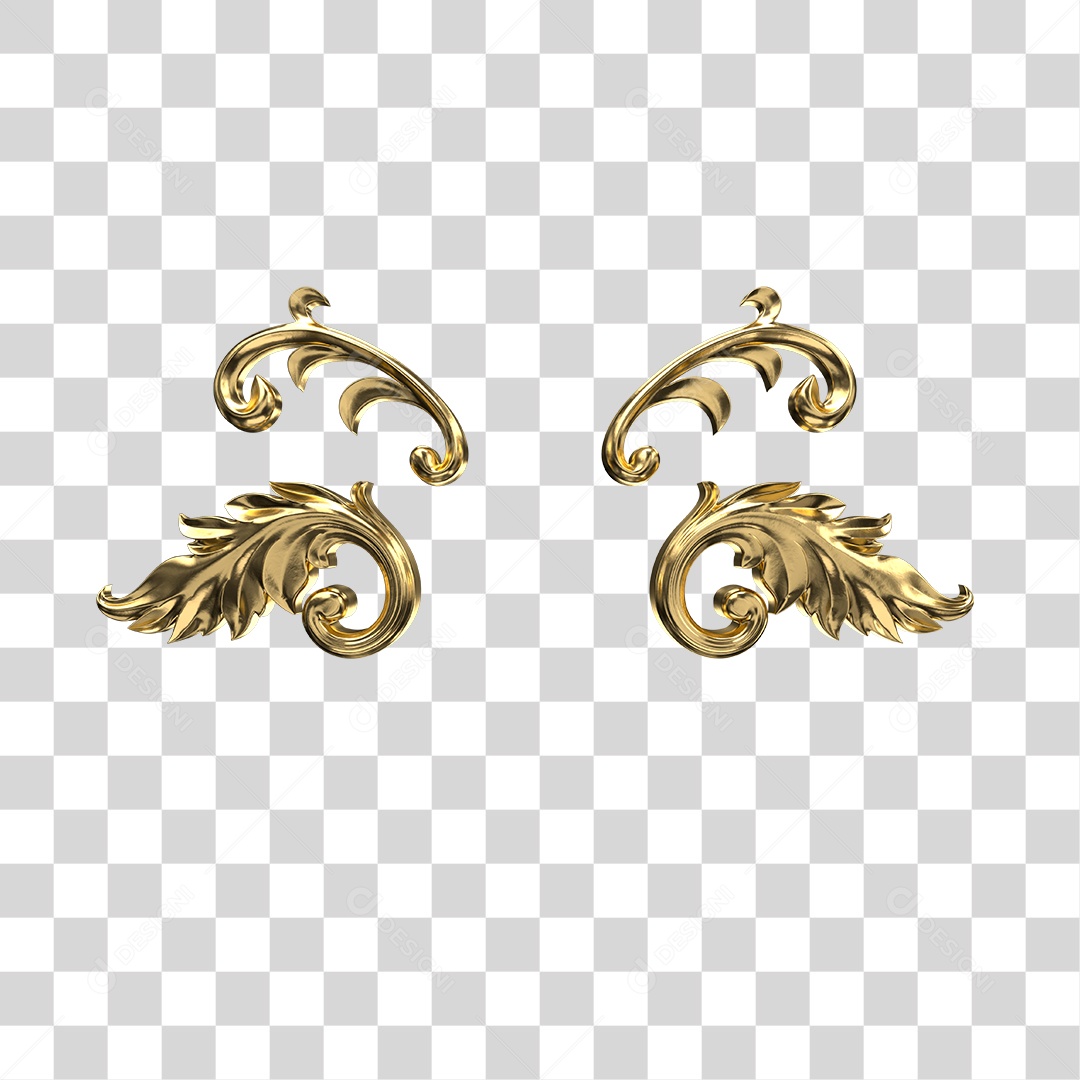 Cacho Floral Barroco Elemento 3D Dourado Para Composição PNG Transparente