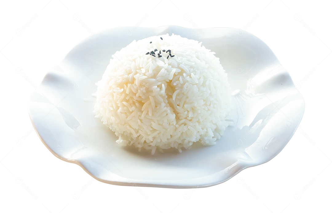 Arroz de jasmim tailandês cozido com gergelim preto por cima