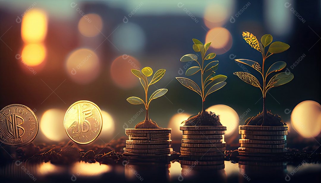 Fileira de pilhas de moedas com uma planta crescendo nelas. Folha de árvore em moedas de economia de dinheiro, finanças empresariais, salvando o conceito de investimento bancário.