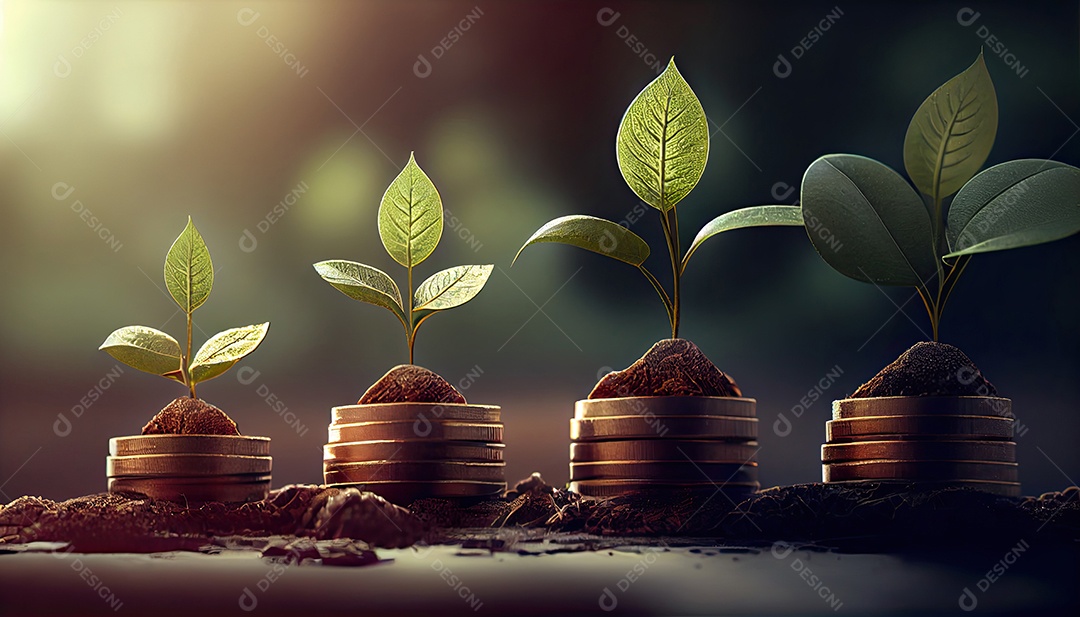 Fileira de pilhas de moedas com uma planta crescendo nelas. Folha de árvore em moedas de economia de dinheiro, finanças empresariais, salvando o conceito de investimento bancário.