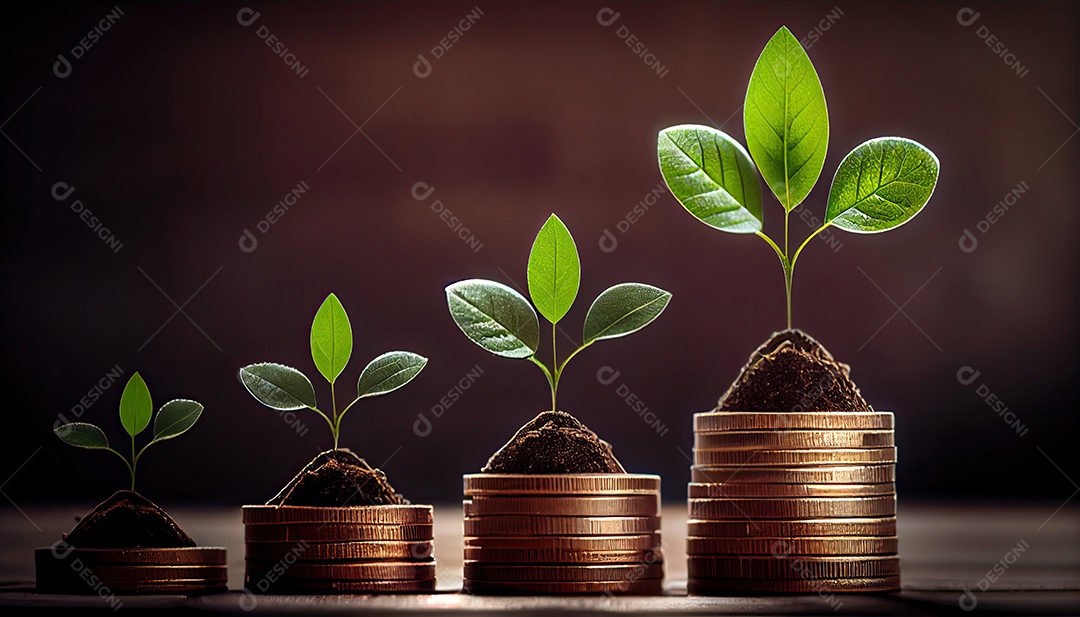 Fileira de pilhas de moedas com uma planta crescendo nelas. Folha de árvore em moedas de economia de dinheiro, finanças empresariais, salvando o conceito de investimento bancário.