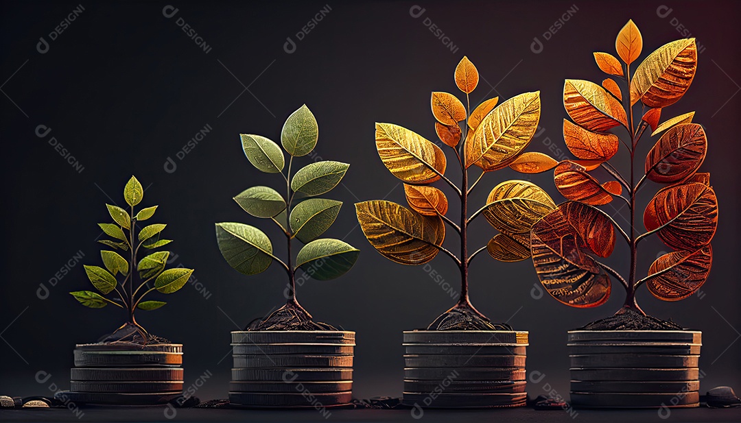 Fileira de pilhas de moedas com uma planta crescendo nelas. Folha de árvore em moedas de economia de dinheiro, finanças empresariais, salvando o conceito de investimento bancário.