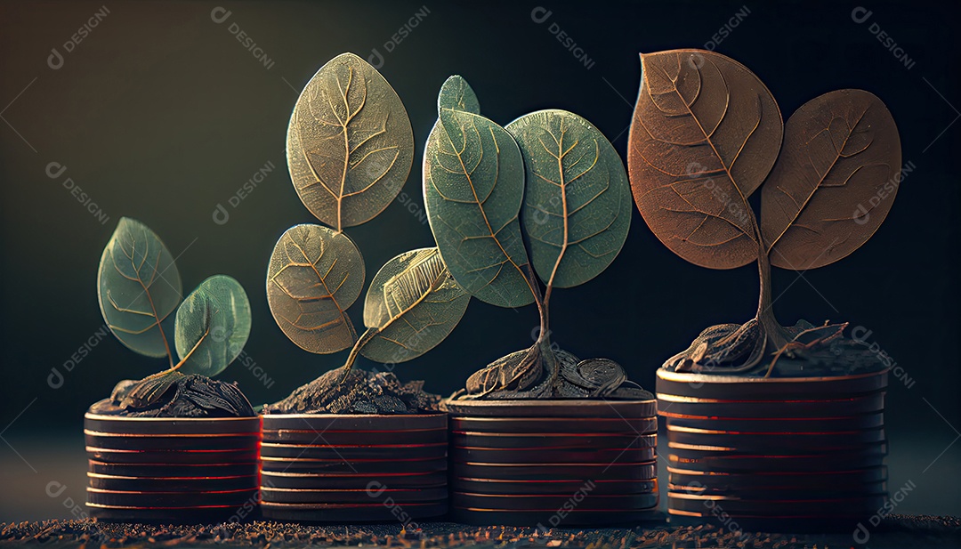 Fileira de pilhas de moedas com uma planta crescendo nelas. Folha de árvore em moedas de economia de dinheiro, finanças empresariais, salvando o conceito de investimento bancário.