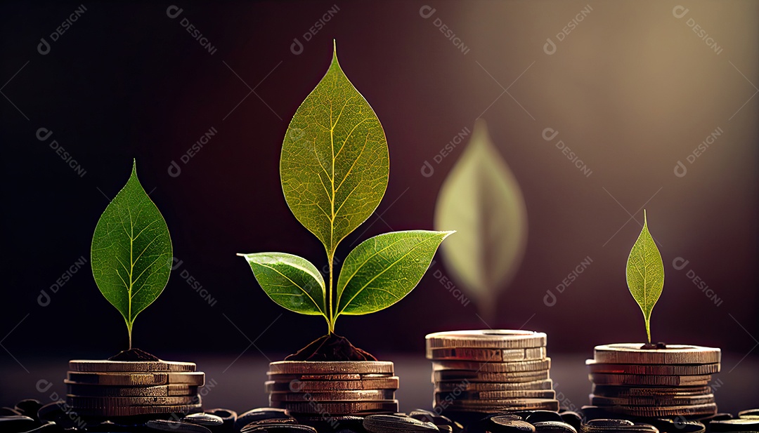 Fileira de pilhas de moedas com uma planta crescendo nelas. Folha de árvore em moedas de economia de dinheiro, finanças empresariais, salvando o conceito de investimento bancário.