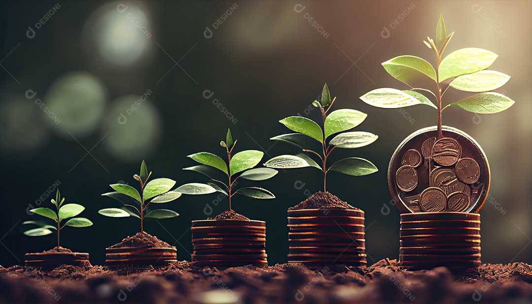 Fileira de pilhas de moedas com uma planta crescendo nelas. Folha de árvore em moedas de economia de dinheiro, finanças empresariais, salvando o conceito de investimento bancário.