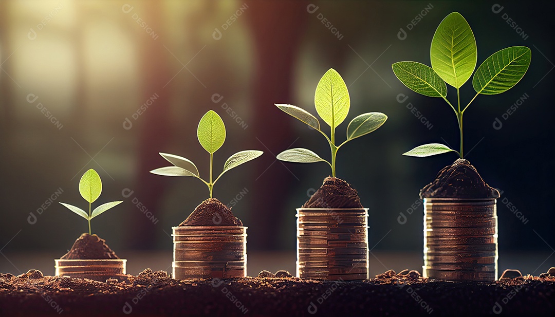 Fileira de pilhas de moedas com uma planta crescendo nelas. Folha de árvore em moedas de economia de dinheiro, finanças empresariais, salvando o conceito de investimento bancário.