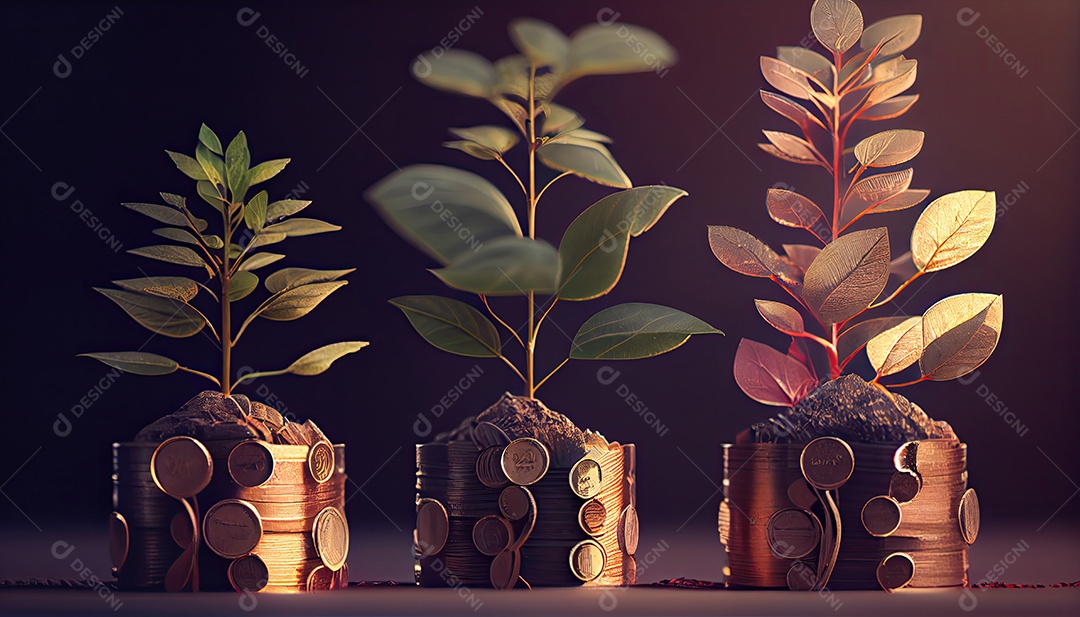 Fileira de pilhas de moedas com uma planta crescendo nelas. Folha de árvore em moedas de economia de dinheiro, finanças empresariais, salvando o conceito de investimento bancário.