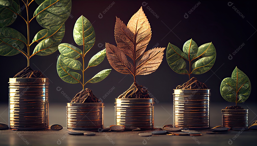 Fileira de pilhas de moedas com uma planta crescendo nelas. Folha de árvore em moedas de economia de dinheiro, finanças empresariais, salvando o conceito de investimento bancário.